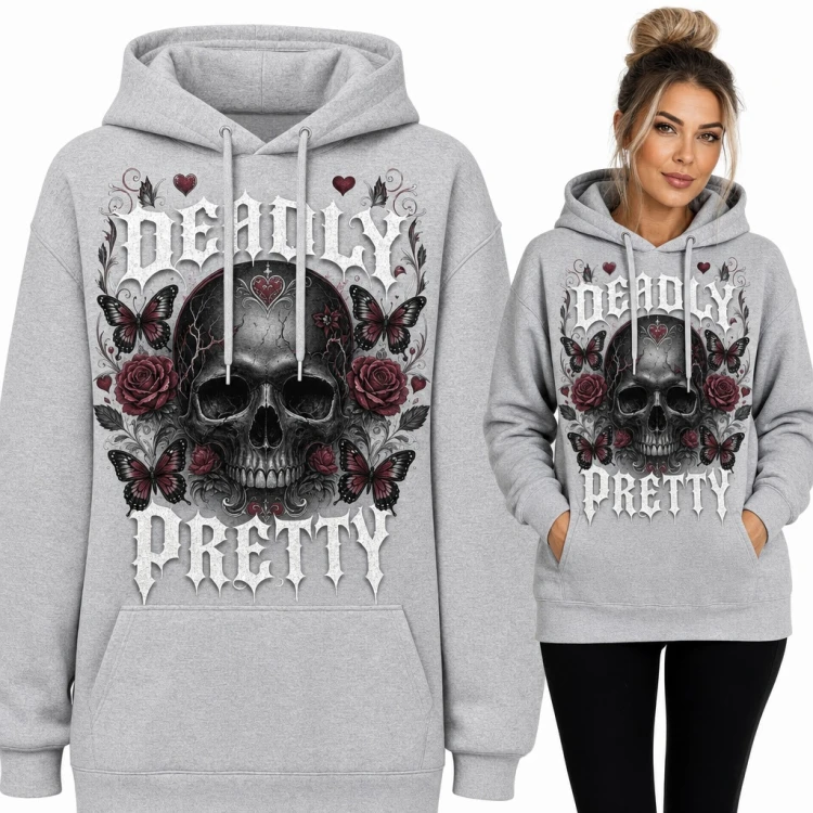 Bluza damska z kapturem „Deadly pretty” - gotycka czaszka w bordowych różach i motylach