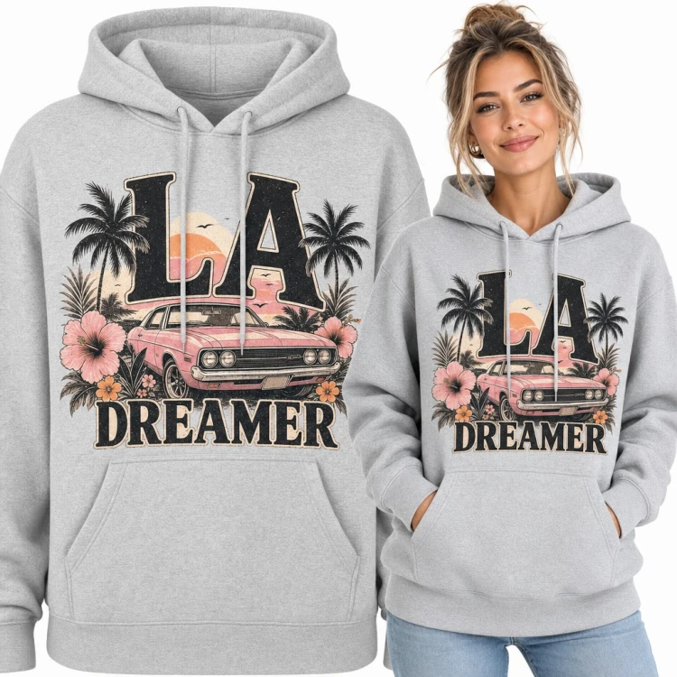 Bluza damska z kapturem „LA Dreamer” - różowe retro auto wśród palm i hibiskusów