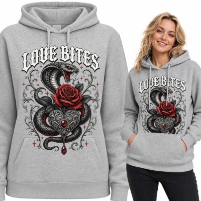 Bluza damska z kapturem - kobra z różą i sercem „Love bites”