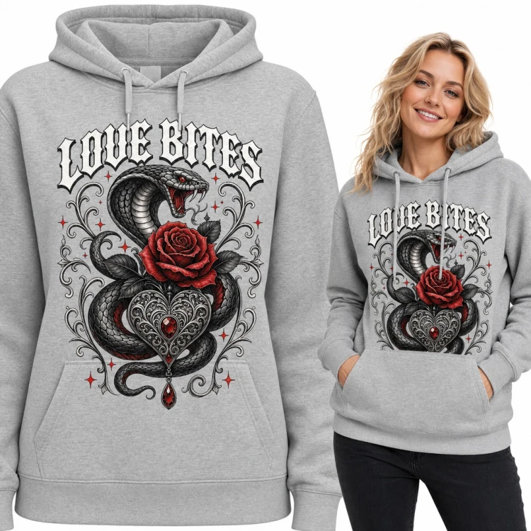 Bluza damska z kapturem - kobra z różą i sercem „Love bites”