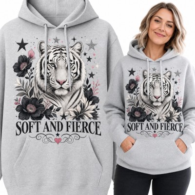 Bluza damska z kapturem - biały tygrys w czarnych kwiatach „Soft and fierce”