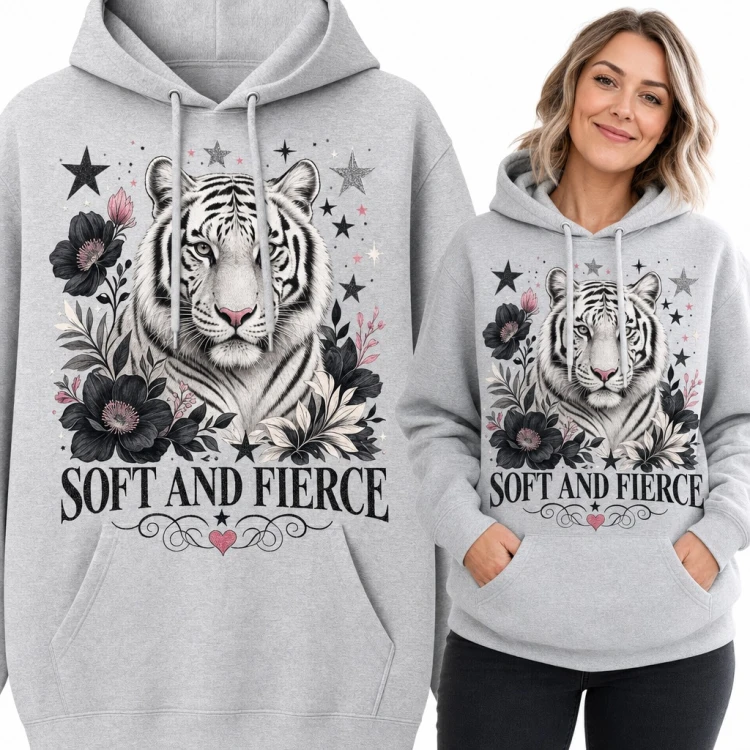 Bluza damska z kapturem - biały tygrys w czarnych kwiatach „Soft and fierce”