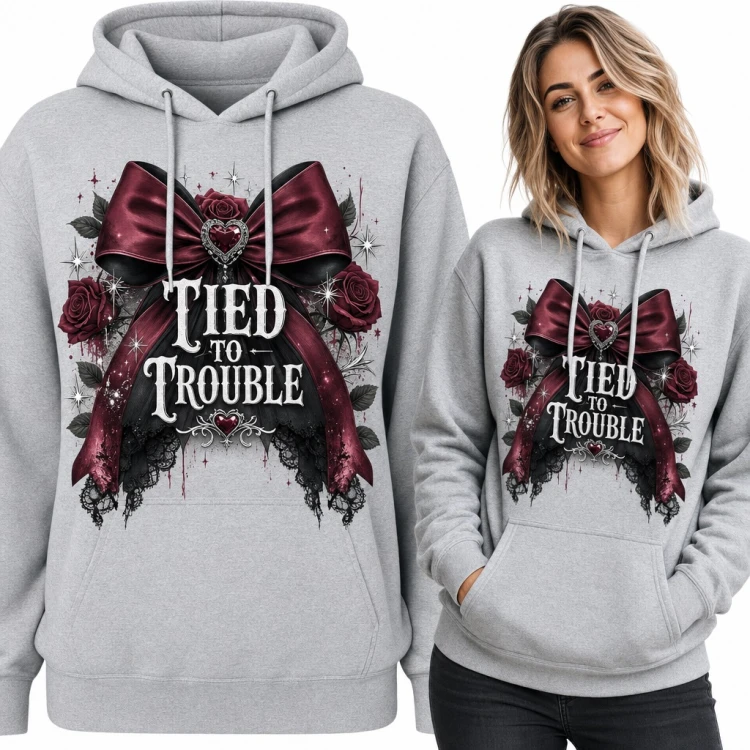 Bluza damska z kapturem - „Tied to trouble” z bordową kokardą i różami