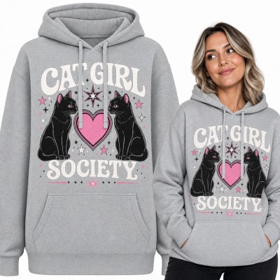 Bluza damska z kapturem „Cat Girl Society” - czarne koty i różowe serce dla kociary