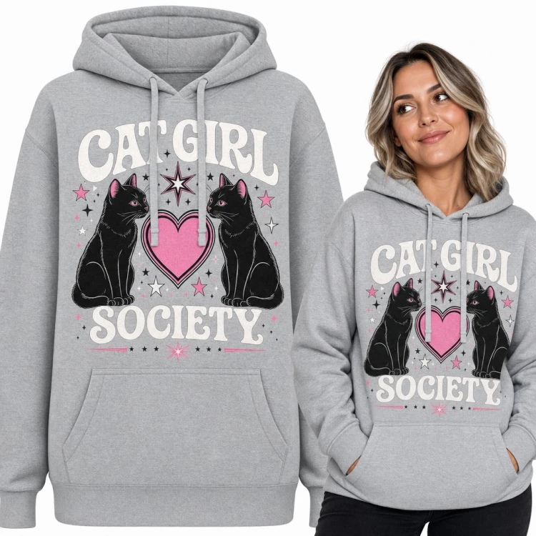 Bluza damska z kapturem „Cat Girl Society” - czarne koty i różowe serce dla kociary