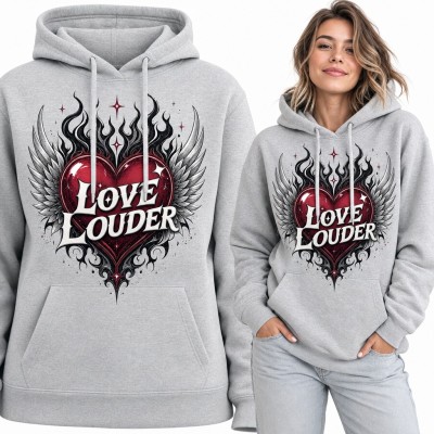 Bluza damska z kapturem - serce ze skrzydłami i płomieniami „Love Louder”