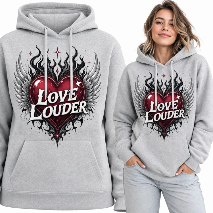 Bluza damska z kapturem - serce ze skrzydłami i płomieniami „Love Louder”