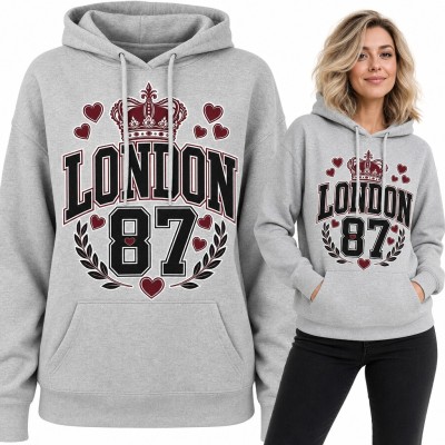 Bluza damska z kapturem - „London 87” z koroną i sercami w stylu college