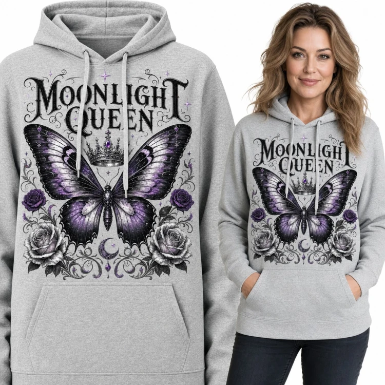 Bluza damska z kapturem „Moonlight Queen” - gotycki motyl z koroną i różami
