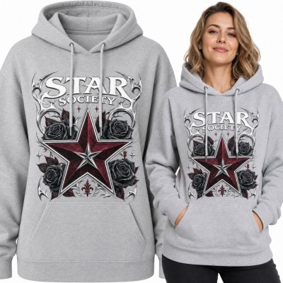 Bluza damska z kapturem „Star Society” - bordowa gwiazda i czarne róże