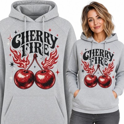 Bluza damska z kapturem „Cherry Fire” - płonące wiśnie w stylu retro