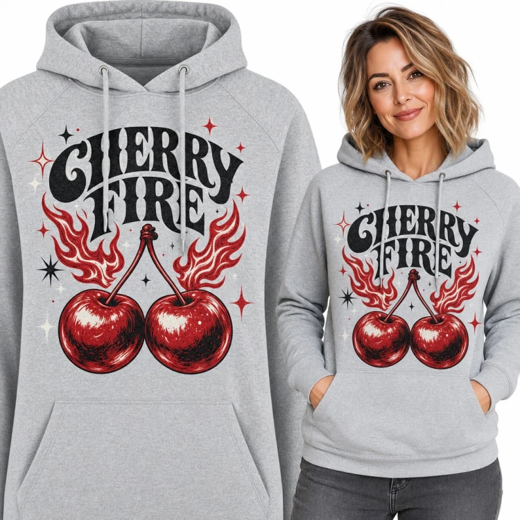 Bluza damska z kapturem „Cherry Fire” - płonące wiśnie w stylu retro