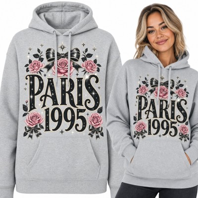 Bluza damska z kapturem „Paris 1995” - różowe róże i czarne kokardy