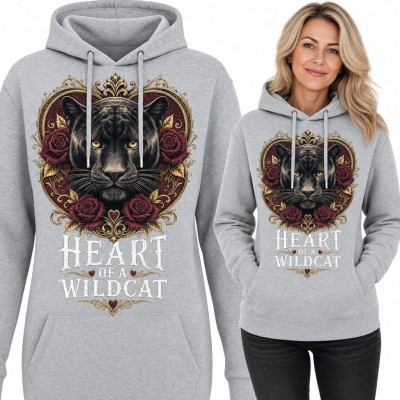 Bluza damska z kapturem - czarna pantera w sercu z różami „Heart of a Wildcat”