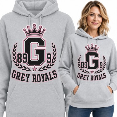 Bluza damska z kapturem - „Grey Royals” herb college z koroną i literą G