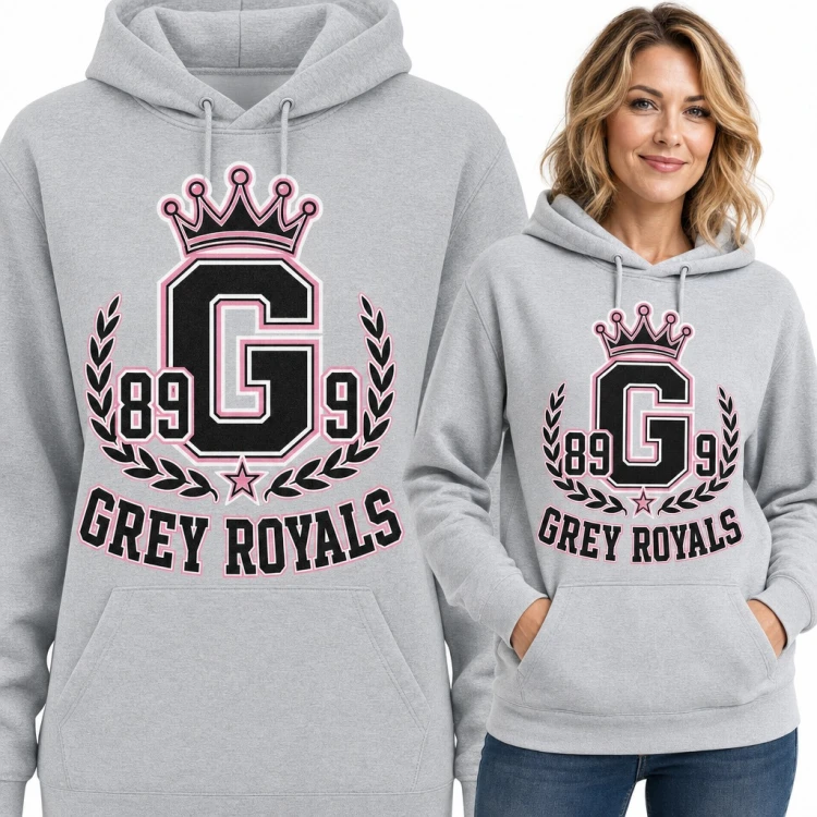 Bluza damska z kapturem - „Grey Royals” herb college z koroną i literą G