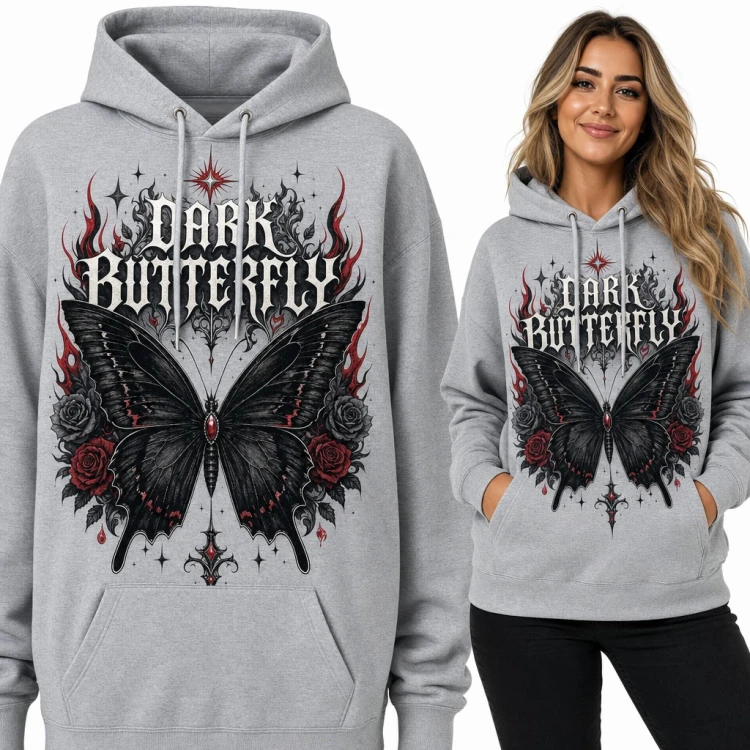 Bluza damska z kapturem - gotycki czarny motyl z różami „Dark Butterfly”