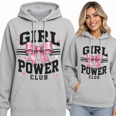 Bluza damska z kapturem „Girl Power Club” - różowa kokarda w stylu college