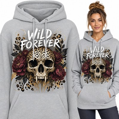 Bluza damska z kapturem - czaszka w panterkę z piwoniami „Wild forever”