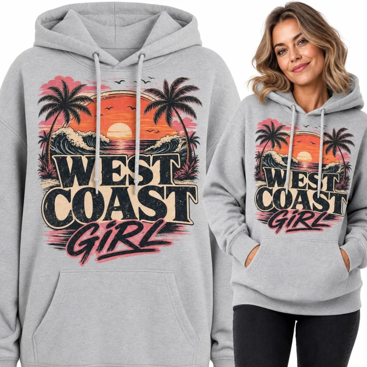 Bluza damska z kapturem „West Coast Girl” - zachód słońca, palmy i fale oceanu