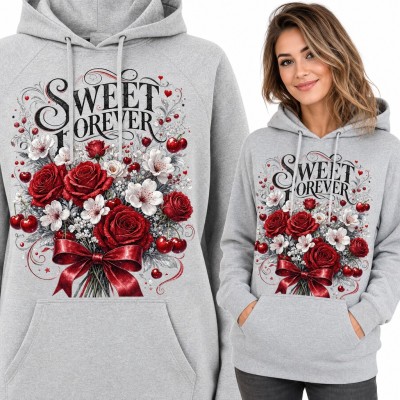 Bluza damska z kapturem - bukiet czerwonych róż z wiśniami i kokardą „Sweet forever”
