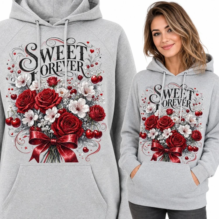 Bluza damska z kapturem - bukiet czerwonych róż z wiśniami i kokardą „Sweet forever”