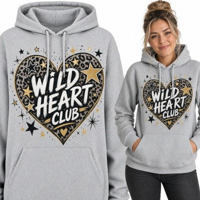 Bluza damska z kapturem „Wild heart club” - serce w panterkę ze złotymi gwiazdkami