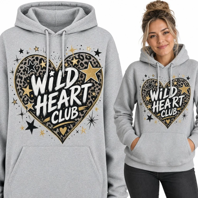 Bluza damska z kapturem „Wild heart club” - serce w panterkę ze złotymi gwiazdkami
