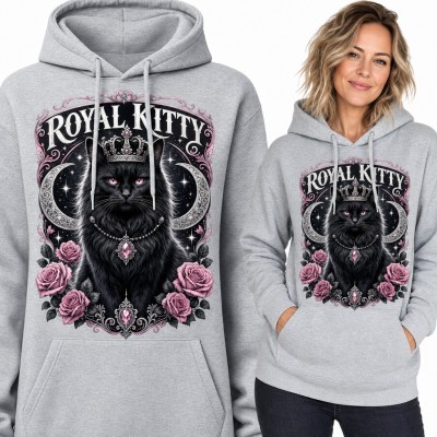 Bluza damska z kapturem - czarny kot w koronie „Royal Kitty” z różami i księżycem