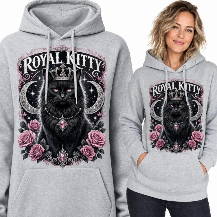 Bluza damska z kapturem - czarny kot w koronie „Royal Kitty” z różami i księżycem