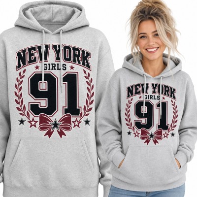 Bluza damska z kapturem „New York Girls 91” - styl college z kokardą i wieńcem laurowym