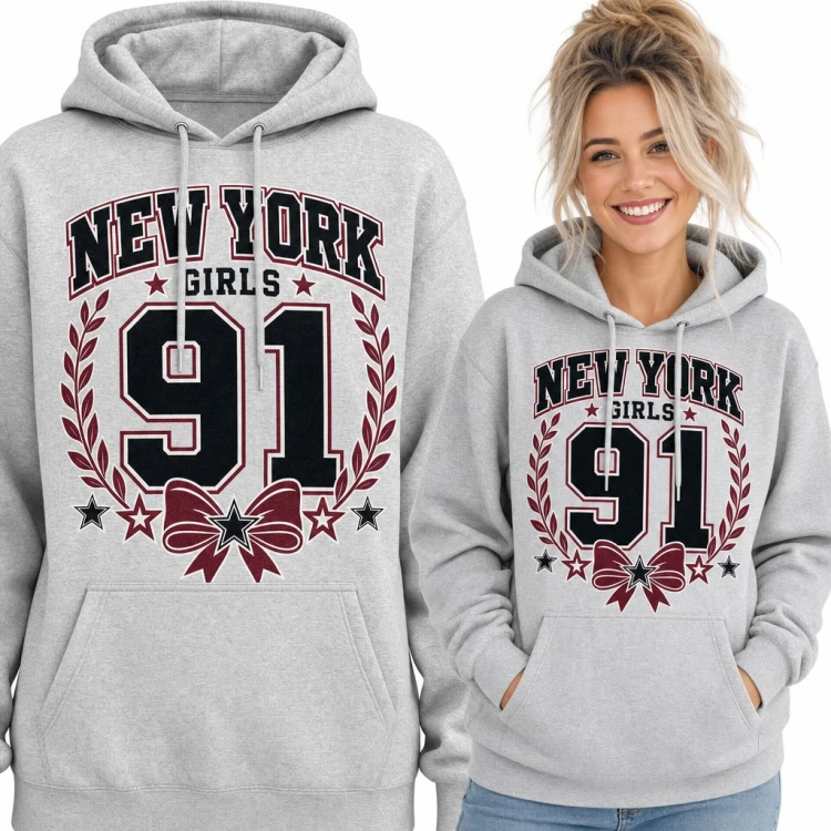 Bluza damska z kapturem „New York Girls 91” - styl college z kokardą i wieńcem laurowym