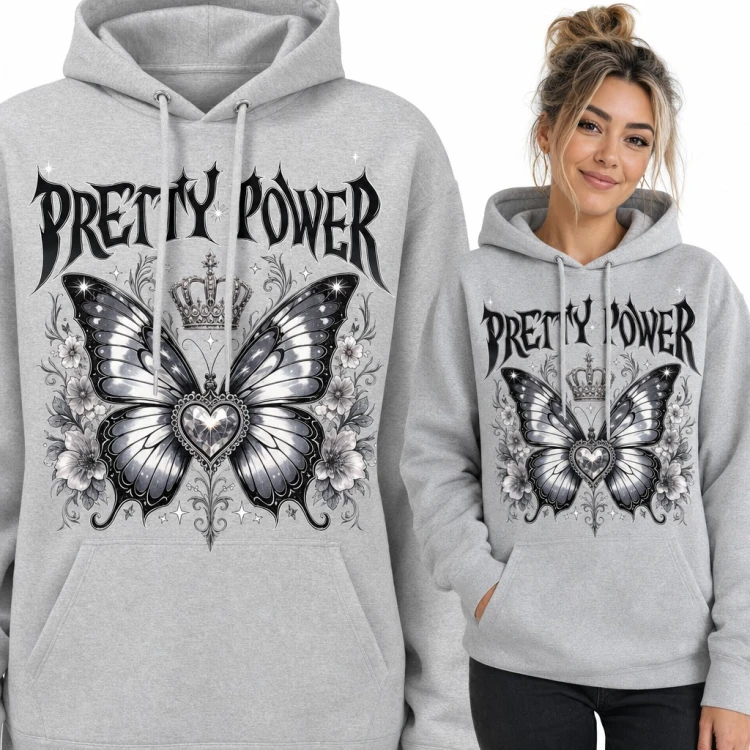 Bluza damska z kapturem - gotycki motyl z koroną i sercem-kryształem „Pretty power”