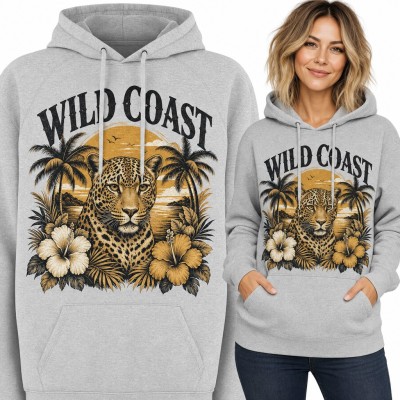 Bluza damska z kapturem - lampart wśród palm i hibiskusów „Wild Coast”