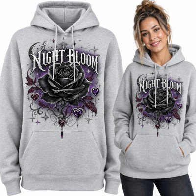 Bluza damska z kapturem - czarna róża „Night Bloom” w gotyckim stylu z sercami
