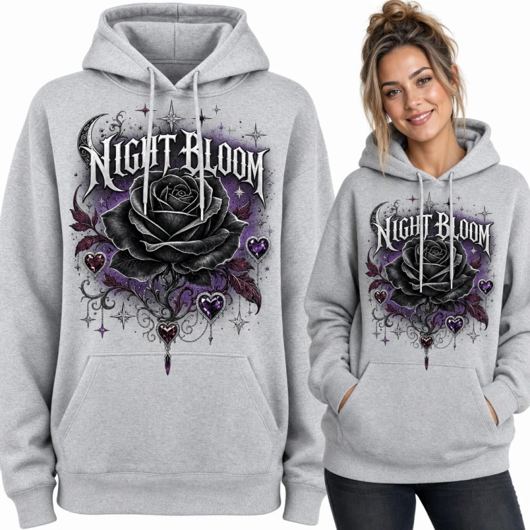 Bluza damska z kapturem - czarna róża „Night Bloom” w gotyckim stylu z sercami