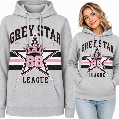 Bluza damska z kapturem „Grey Star 88 League” - gwiazda z różową koroną w stylu college