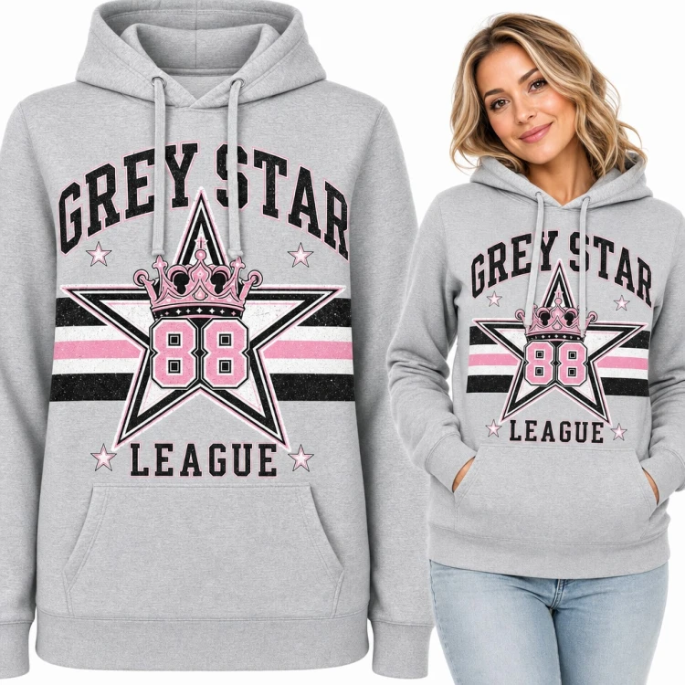 Bluza damska z kapturem „Grey Star 88 League” - gwiazda z różową koroną w stylu college