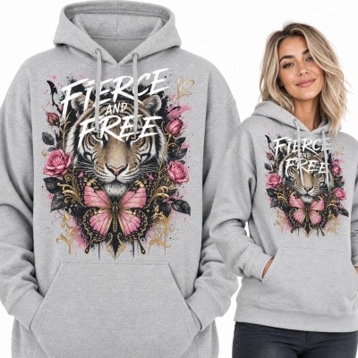 Bluza damska z kapturem - tygrys wśród róż z motylem i napisem „Fierce and Free”