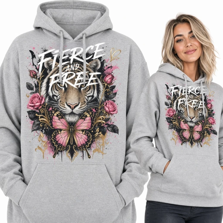 Bluza damska z kapturem - tygrys wśród róż z motylem i napisem „Fierce and Free”
