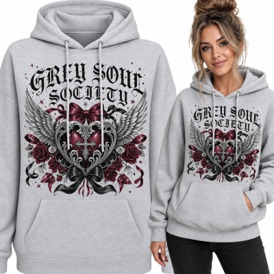 Bluza damska z kapturem - „Grey Soul Society” gotyckie serce ze skrzydłami i różami