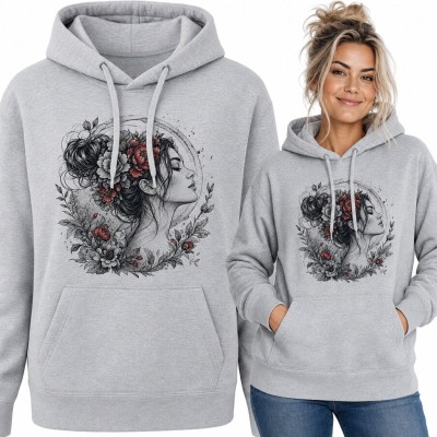 Bluza damska z kapturem - profil kobiety z piwoniami we włosach