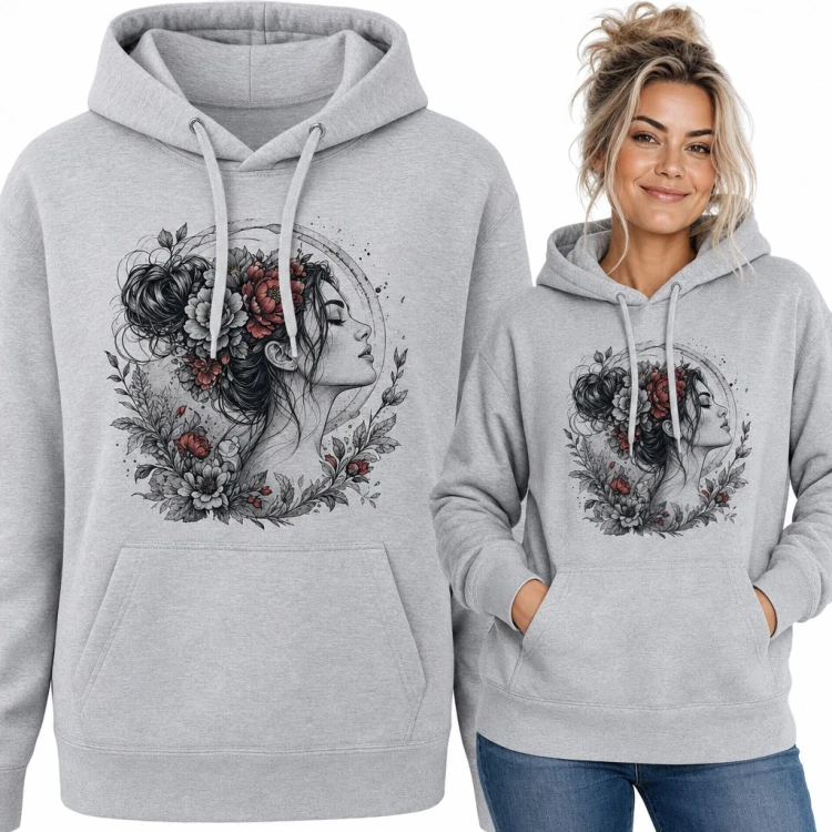 Bluza damska z kapturem - profil kobiety z piwoniami we włosach
