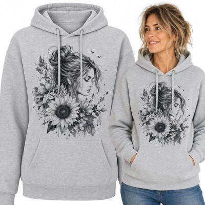Bluza damska z kapturem - portret kobiety ze słonecznikiem w stylu szkicu