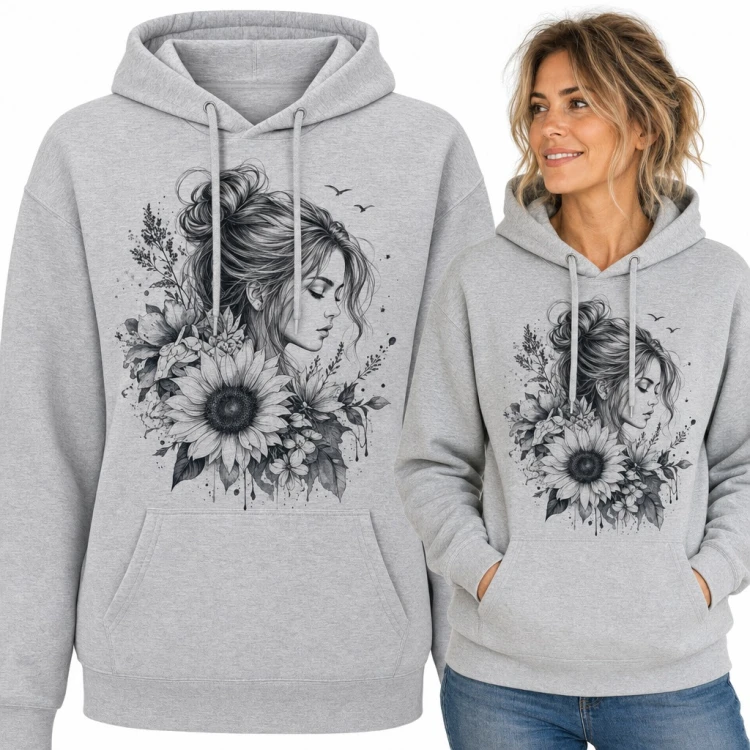 Bluza damska z kapturem - portret kobiety ze słonecznikiem w stylu szkicu