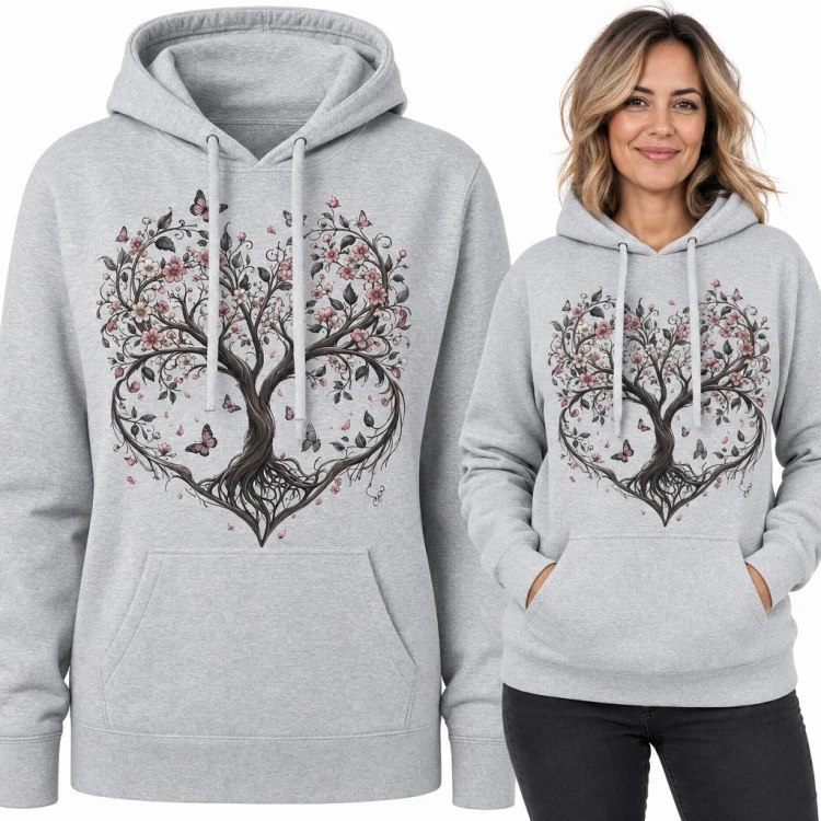 Bluza damska z kapturem - drzewo życia w kształcie serca z motylami