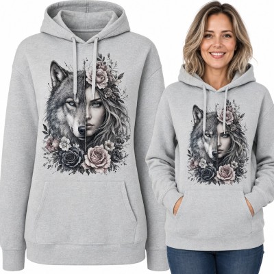 Bluza damska z kapturem - wilk i kobieca twarz wśród róż