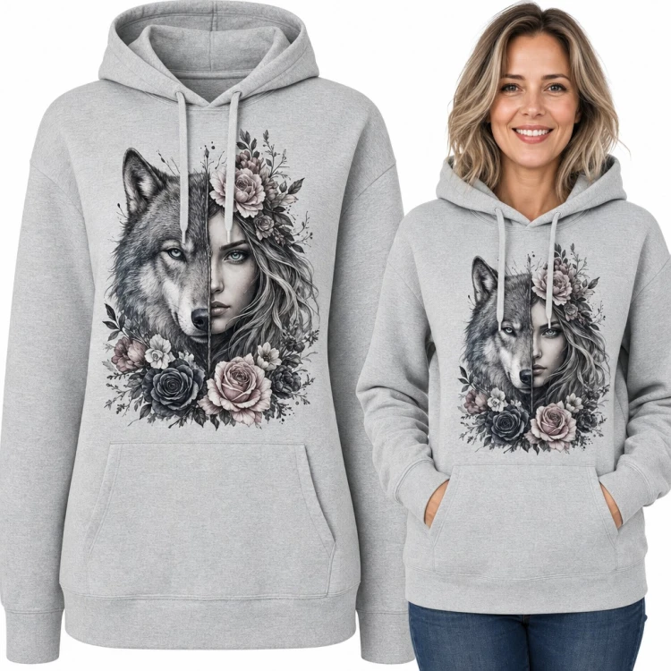 Bluza damska z kapturem - wilk i kobieca twarz wśród róż