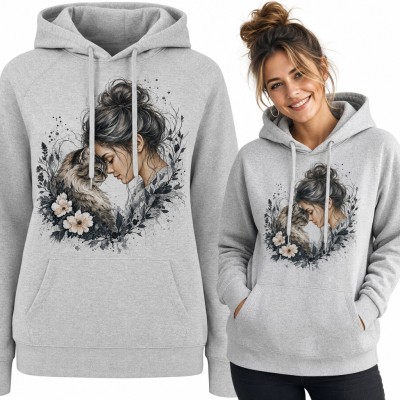 Bluza damska z kapturem - dziewczyna z kotem w akwarelowym wianku dla kociary