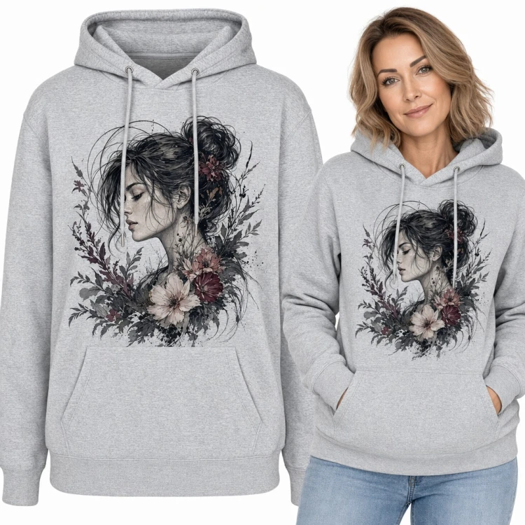 Bluza damska z kapturem - portret kobiety w kwiatach w stylu akwareli
